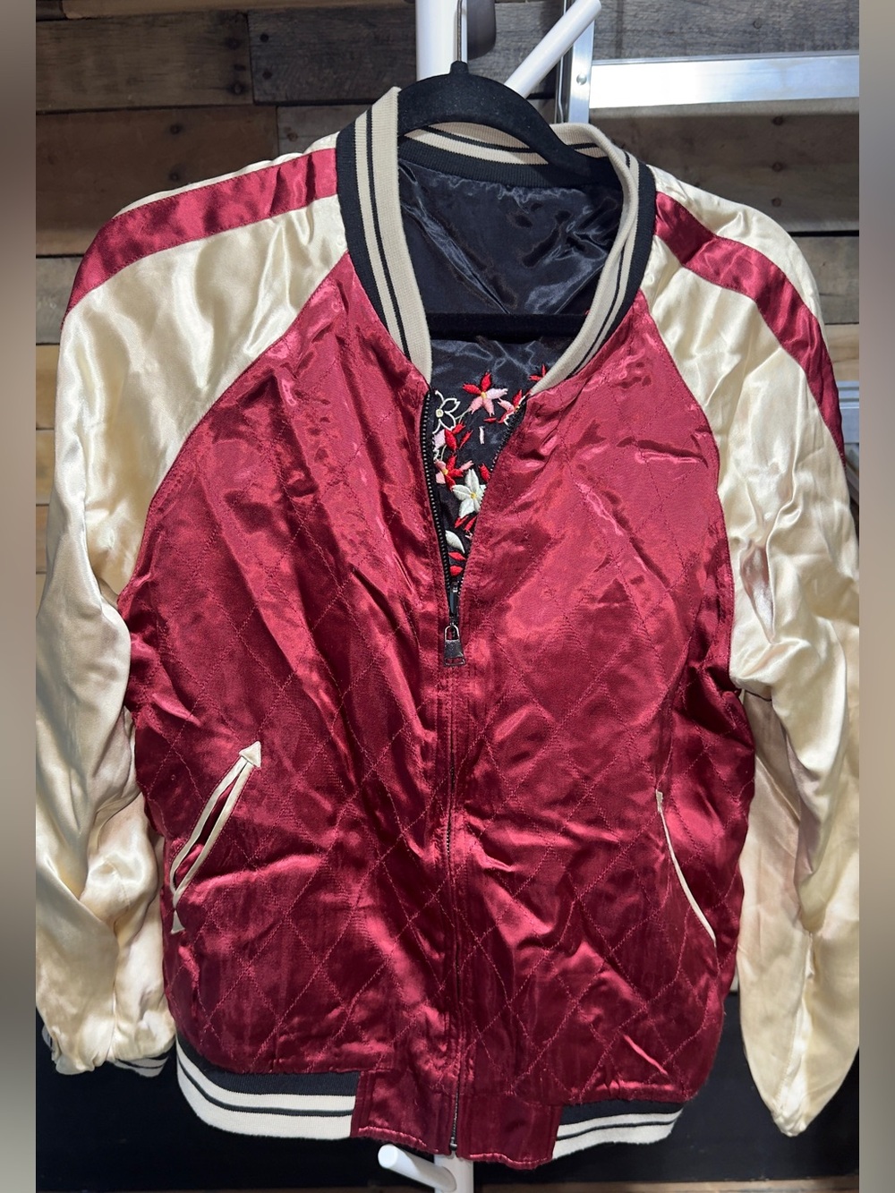 H&M Red and Cream Reversible Satin Bomber Jacket with Embroidered Back Large